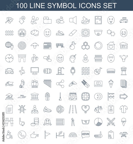 symbol icons. Set of 100 line symbol icons included hospital stretch, clipboard, router, chat, barn, trampoline on white background. Editable symbol icons for web, mobile and infographics.
