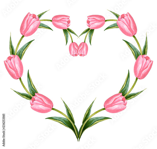 Illustration of watercolor hand drawn heart frame with colorful pink tulips. Spring flowers. 8 March. Template for label, greeting post card for Valentine's and Women's Day. Vintage style. 