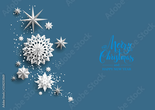 Winter holiday realistic paper cut snowflakes. Snow christmas decoration for design banner, ticket, invitation, greetings, leaflet and so on.