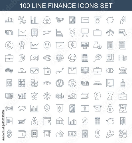 finance icons. Set of 100 line finance icons included calculator, money on hand, euro, calclator, money, dolar growth on white background. Editable finance icons for web, mobile and infographics.