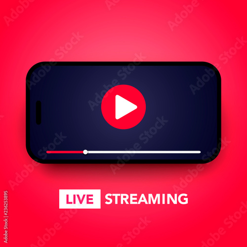 Vector illustration live stream concept with play button on smartphone screen for online broadcast, streaming service