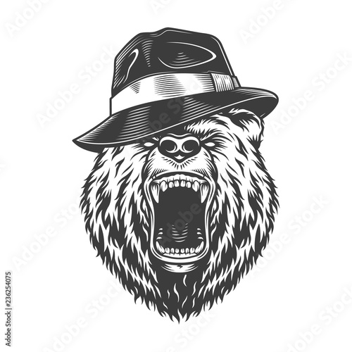Monochrome gangster bear head in hat