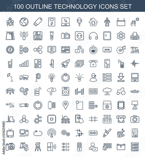 technology icons. Set of 100 outline technology icons included server, broken battery, brick wall fire on white background. Editable technology icons for web, mobile and infographics.