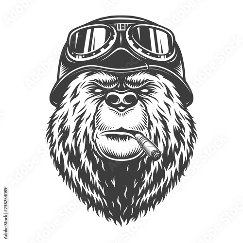 Vintage monochrome motorcyclist bear head