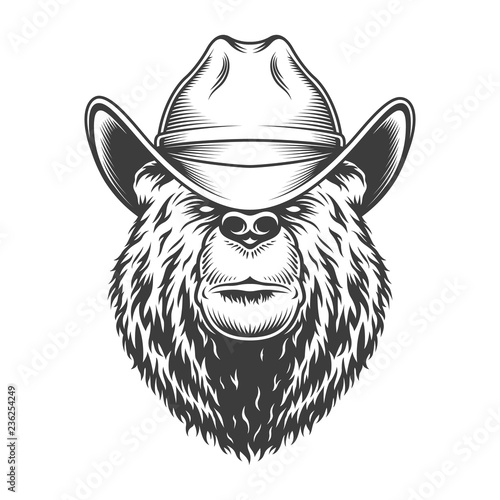 Vintage bear head in cowboy hat