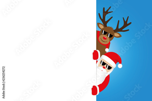 cool santa and reindeer with sunglasses christmas cartoon white banner for copy space vector illustration EPS10