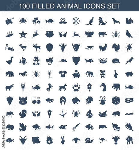 animal icons. Set of 100 filled animal icons included buffalo, cow, kangaroo, snail, goat, rabbit, extinct sea creature on white background. Editable animal icons for web, mobile and infographics.
