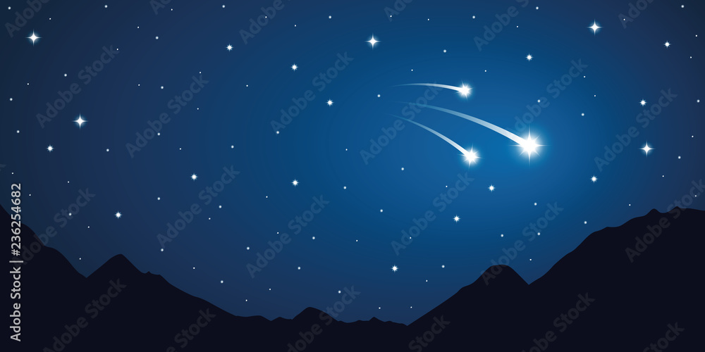 three falling stars starry sky in the mountains vector illustration EPS10