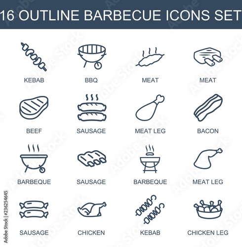barbecue icons. Set of 16 outline barbecue icons included kebab, bbq, meat, beef, sausage, meat leg, bacon on white background. Editable barbecue icons for web, mobile and infographics.