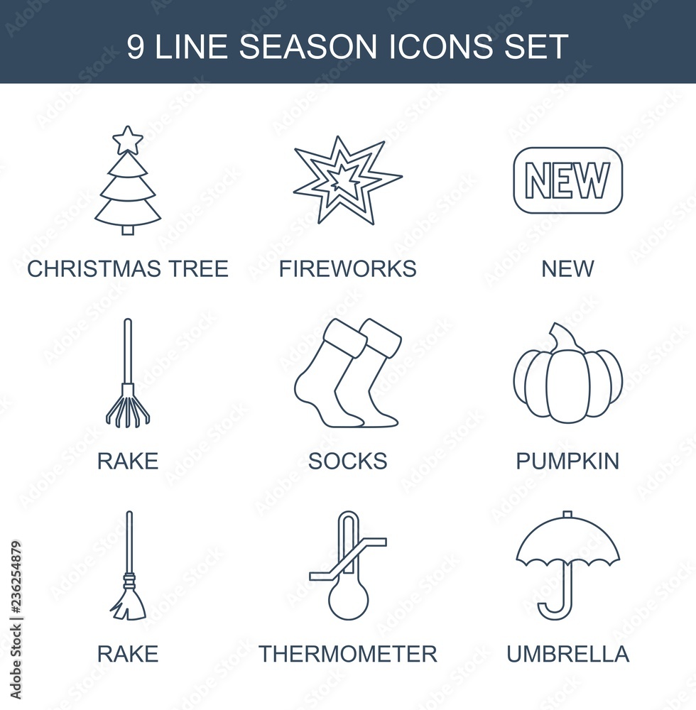 season icons. Set of 9 line season icons included Christmas tree, fireworks, new, rake, socks, pumpkin, thermometer on white background. Editable season icons for web, mobile and infographics. season icons. Set of 9 line season icons included Christmas tree, fireworks, new, rake, socks, pumpkin, thermometer on white background. Editable season icons for web, mobile and infographics.