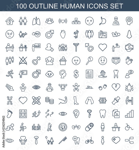 human icons. Set of 100 outline human icons included structure, heart with cross, woman, bicycle, dental care on white background. Editable human icons for web, mobile and infographics.