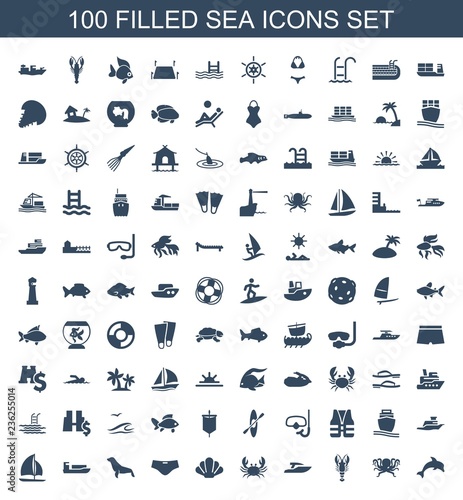 sea icons. Set of 100 filled sea icons included dolphin, octopus, crab, ship, shell, man swim wear, seal, sailboat on white background. Editable sea icons for web, mobile and infographics.