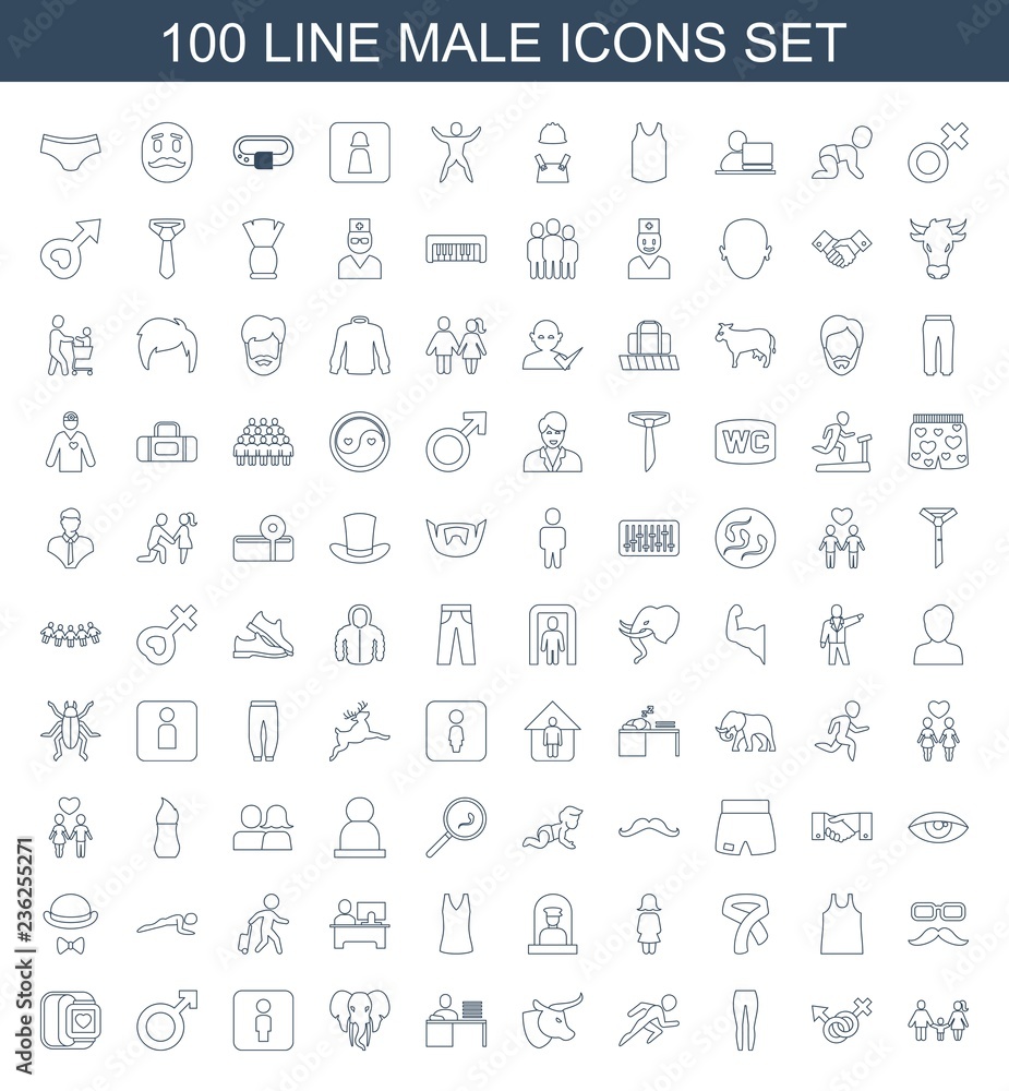 male icons. Set of 100 line male icons included family, male and female, underpants, running, cow, man working at the table on white background. Editable male icons for web, mobile and infographics. male icons. Set of 100 line male icons included family, male and female, underpants, running, cow, man working at the table on white background. Editable male icons for web, mobile and infographics.