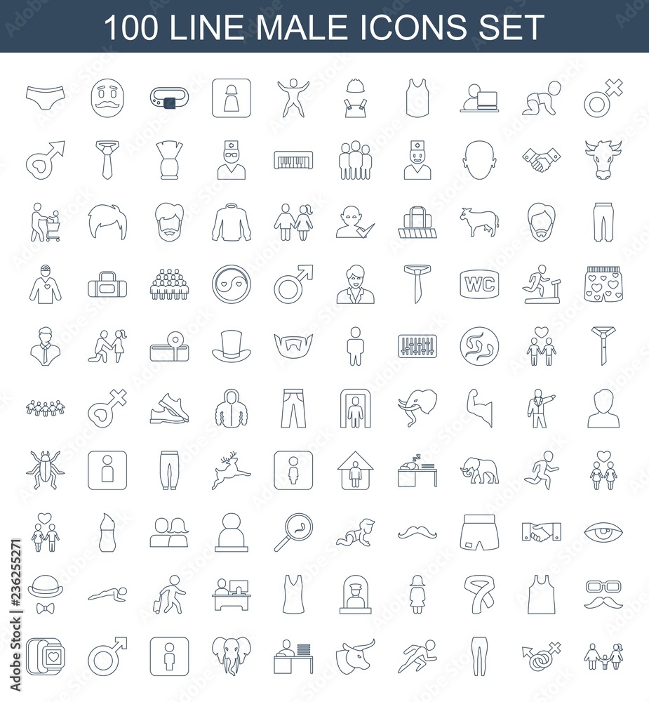 male icons. Set of 100 line male icons included family, male and female, underpants, running, cow, man working at the table on white background. Editable male icons for web, mobile and infographics.