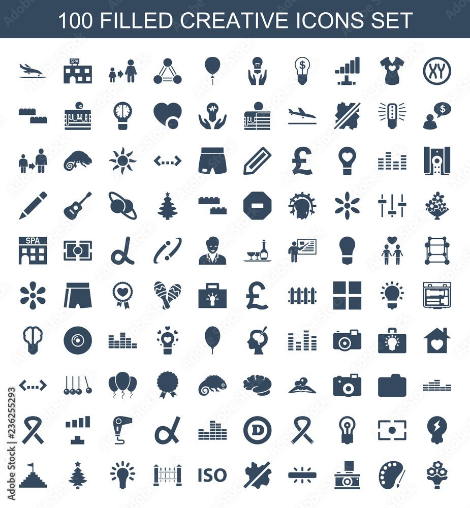 Fototapeta premium creative icons. Set of 100 filled creative icons included bouquet flower, palette, camera, no wash, ISO on white background. Editable creative icons for web, mobile and infographics.
