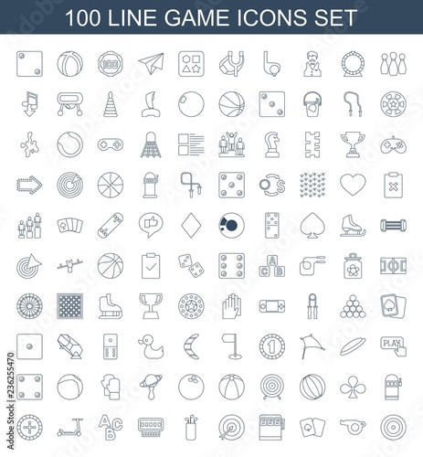 game icons. Set of 100 line game icons included target, whistle, playing card, Slot machine, golf putter, ABC on white background. Editable game icons for web, mobile and infographics.