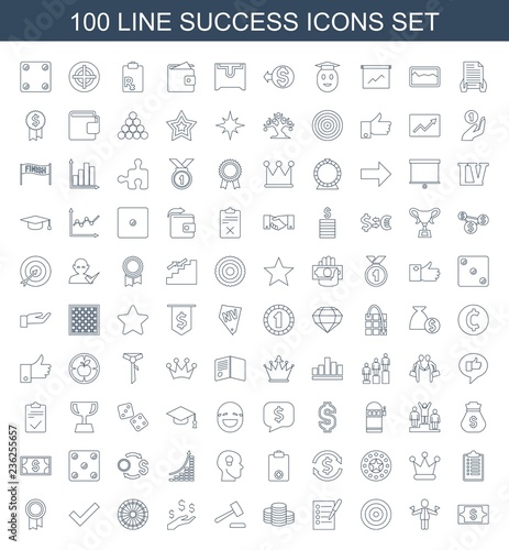 success icons. Set of 100 line success icons included Money, man with flags, target, check list, Coin, auction hummer on white background. Editable success icons for web, mobile and infographics.