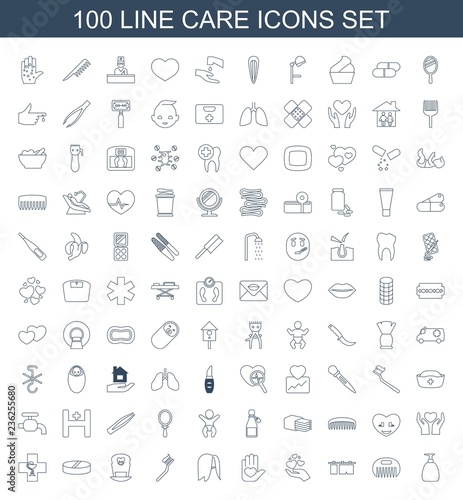 care icons. Set of 100 line care icons included soap, comb, cloth hanging, hand holding heart, heart on hand on white background. Editable care icons for web, mobile and infographics.