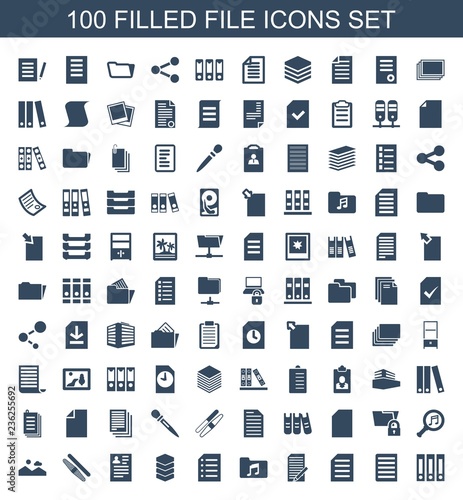 file icons. Set of 100 filled file icons included binder, document, music folder, paper, archive, resume, sawing on white background. Editable file icons for web, mobile and infographics.