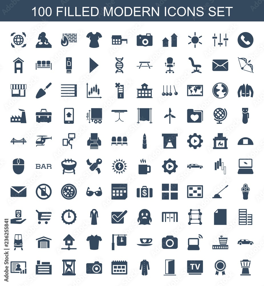 modern icons. Set of 100 filled modern icons included airport tower, award, TV, door, jacket, calendar, camera on white background. Editable modern icons for web, mobile and infographics. modern icons. Set of 100 filled modern icons included airport tower, award, TV, door, jacket, calendar, camera on white background. Editable modern icons for web, mobile and infographics.