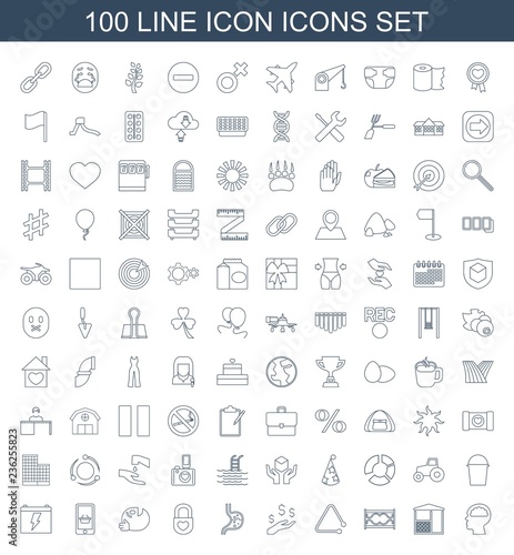 icon icons. Set of 100 line icon icons included human brain, gazebo, fence, triangle musical instrument, money on hand on white background. Editable icon icons for web, mobile and infographics.