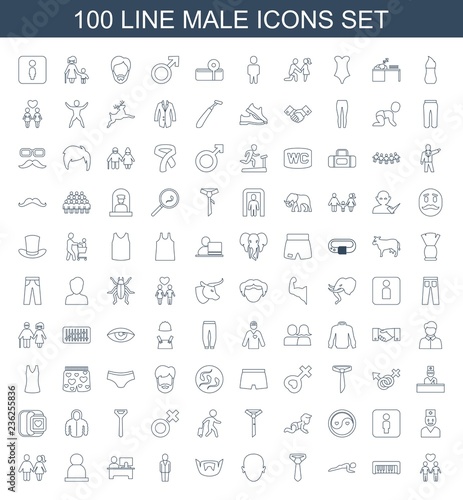 male icons. Set of 100 line male icons included gay couple, piano toy, push up, tie, face, man hairstyle, user on white background. Editable male icons for web, mobile and infographics.