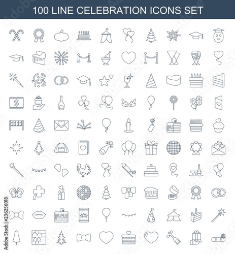 celebration icons. Set of 100 line celebration icons included snowflake, gift on hand, champagne, heart on white background. Editable celebration icons for web, mobile and infographics.