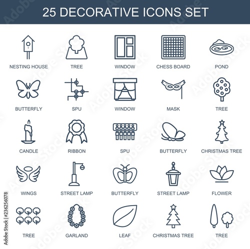 decorative icons. Set of 25 outline decorative icons included nesting house, tree, window, chess board on white background. Editable decorative icons for web, mobile and infographics.
