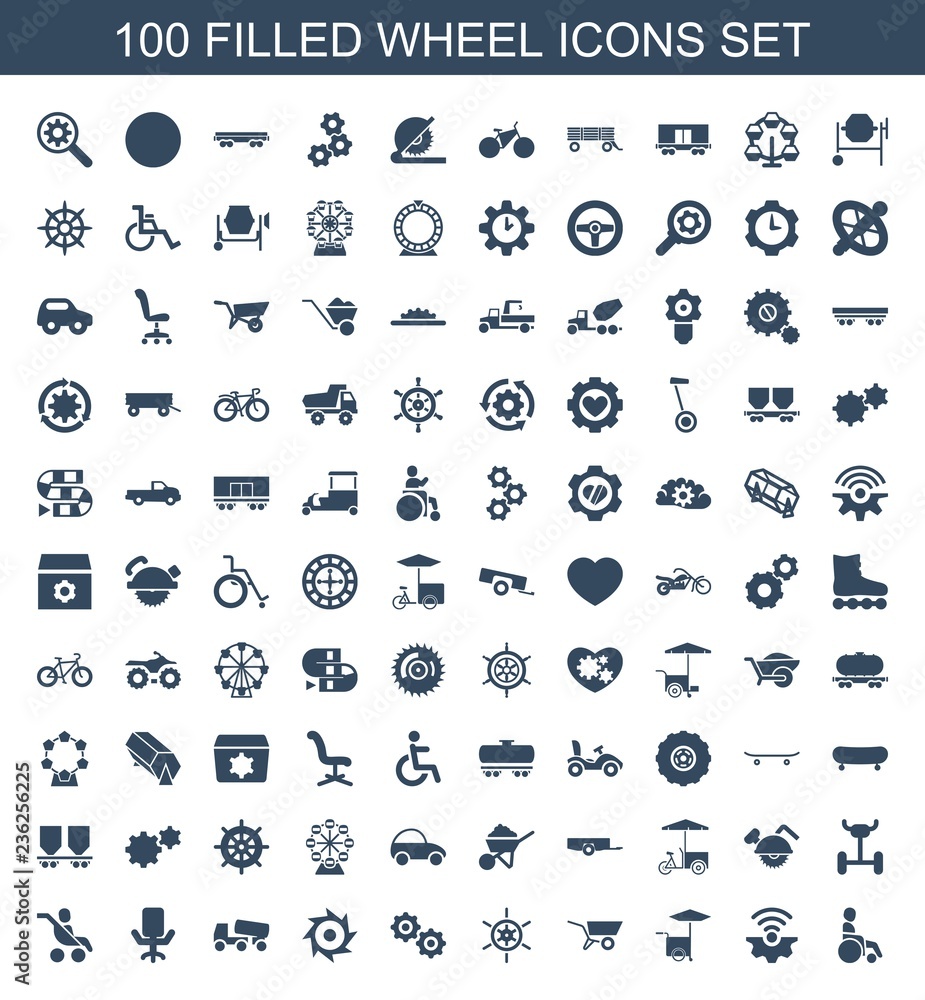 wheel icons. Set of 100 filled wheel icons included disabled, gear connection, fast food cart, wheel barrow on white background. Editable wheel icons for web, mobile and infographics. wheel icons. Set of 100 filled wheel icons included disabled, gear connection, fast food cart, wheel barrow on white background. Editable wheel icons for web, mobile and infographics.