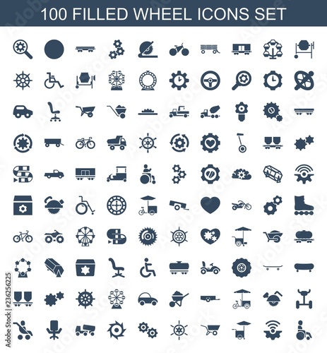 wheel icons. Set of 100 filled wheel icons included disabled, gear connection, fast food cart, wheel barrow on white background. Editable wheel icons for web, mobile and infographics.