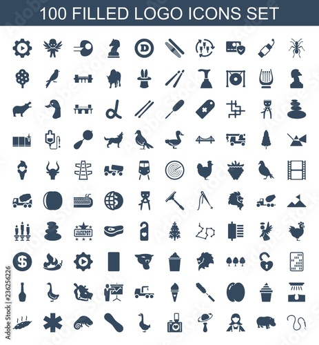 logo icons. Set of 100 filled logo icons included water hose, hippopotamus, maid, beanbag, heart with camera on white background. Editable logo icons for web, mobile and infographics.