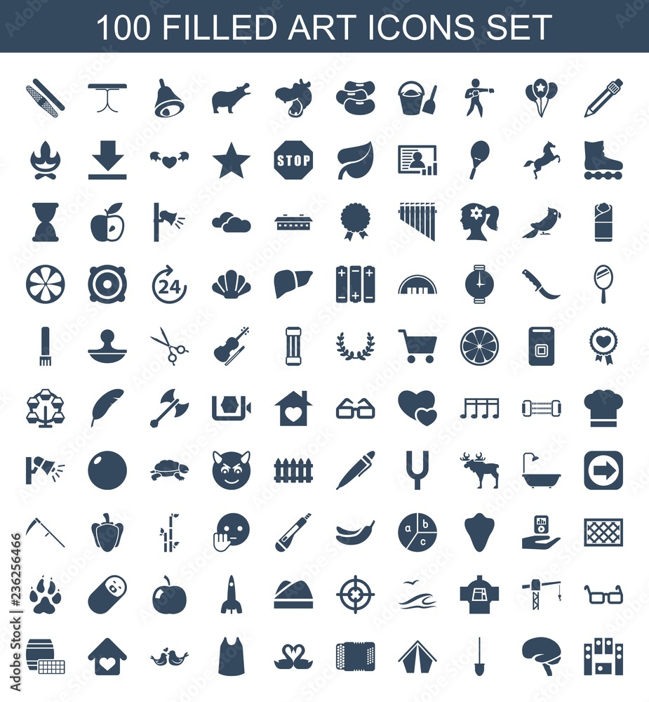 art icons. Set of 100 filled art icons included loud speaker set, brain ...