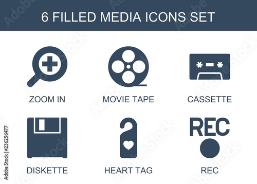 media icons. Set of 6 filled media icons included zoom in, movie tape, cassette, diskette, heart tag, rec on white background. Editable media icons for web, mobile and infographics.