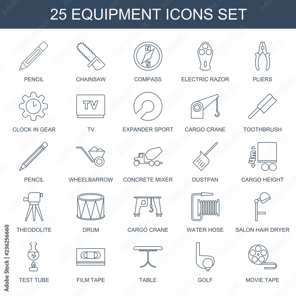 equipment icons. Set of 25 line equipment icons included pencil, chainsaw, compass, electric razor, pliers on white background. Editable equipment icons for web, mobile and infographics. equipment icons. Set of 25 line equipment icons included pencil, chainsaw, compass, electric razor, pliers on white background. Editable equipment icons for web, mobile and infographics.