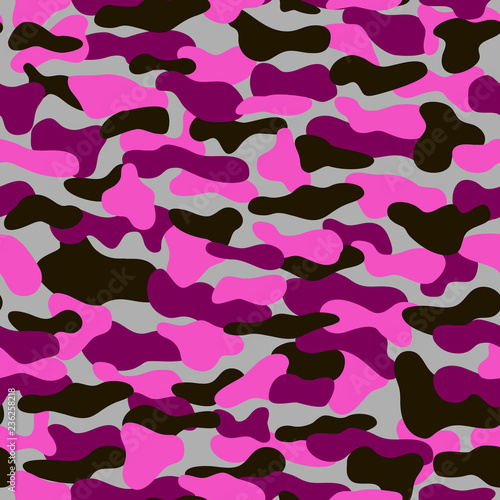 Сamouflage vector seamless pattern. Pink, burgundy and black colors on gray backdrop. EPS10. Can be used as print on clothes, wrapping paper, design of banners.