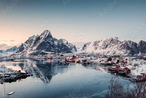 Viewpoint of Fishing village in valley on winter © Mumemories