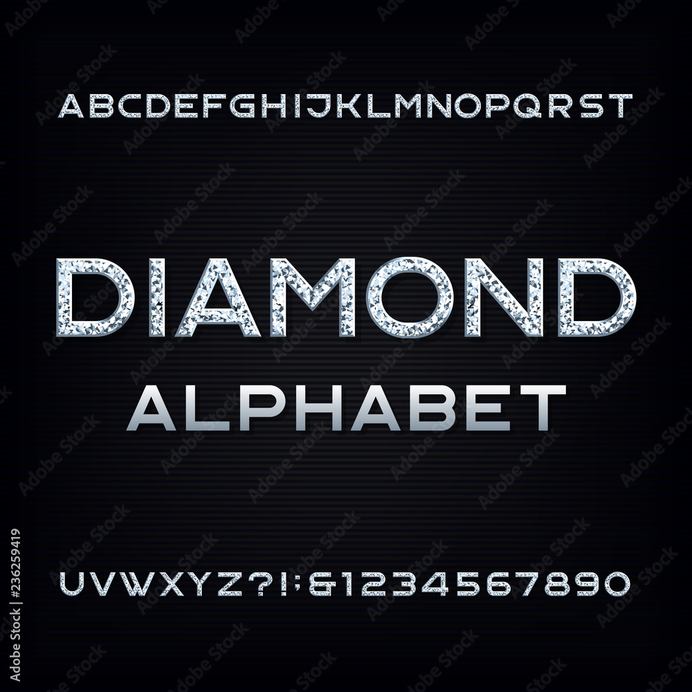 Diamond alphabet font. Glamour crystal letters and numbers. Stock vector typescript for your design. Diamond alphabet font. Glamour crystal letters and numbers. Stock vector typescript for your design.