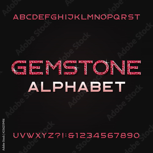 Gemstone alphabet font. Shiny ruby letters and numbers. Stock vector typography for your design.