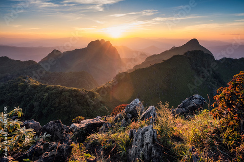 Landscape of sunset on mountain range in wildlife sanctuary at Doi Luang Chiang Dao national park