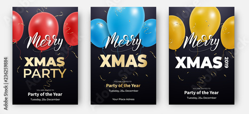 Christmas cards. Design layouts for Merry Christmas. Posters with colorful balloons, confetti and lettering.