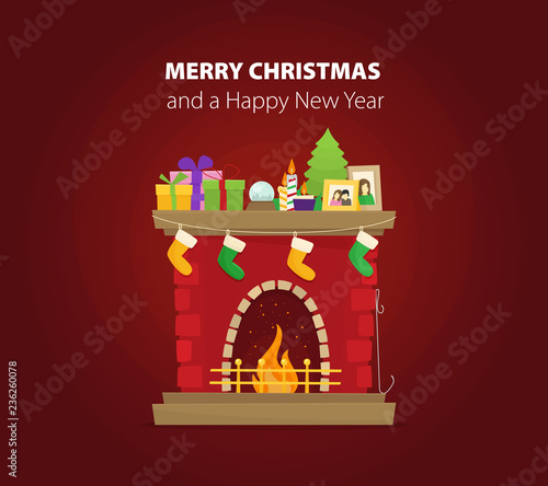 Christmas fireplace with gifts, socks and candles. Flat cartoon style vector illustration.