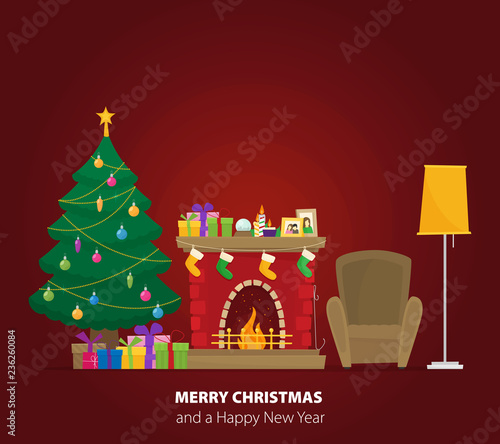 Christmas fireplace with gifts, socks and candles. Flat cartoon style vector illustration.
