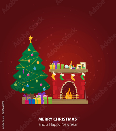 Christmas fireplace with gifts, socks and candles. Flat cartoon style vector illustration.