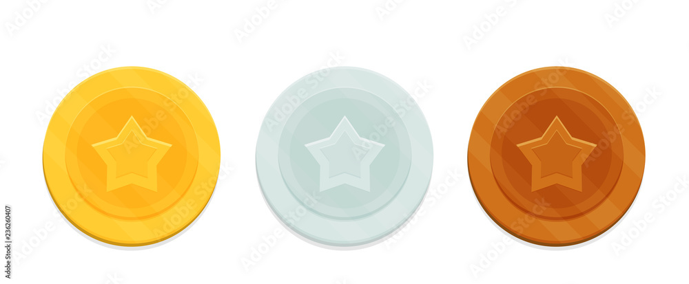 Coins with the image of the star. Gold, silver and bronze coins or medals set. Vector illustration in flat style. Coins with the image of the star. Gold, silver and bronze coins or medals set. Vector illustration in flat style.