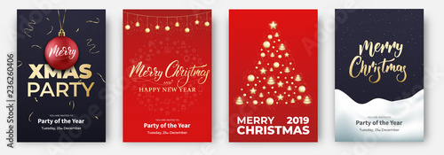 Christmas cards. Design layouts for Merry Xmas. Posters with garland, ball, other Christmas decorations and lettering.