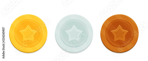Coins with the image of the star. Gold, silver and bronze coins or medals set. Vector illustration in flat style.