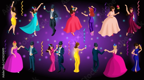Isometric carnival, 3d men and women in masks, Venetian masquerade, dances, beautiful lush dresses, elegant costumes and hats, feathers