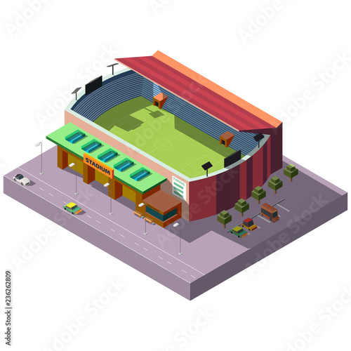 Soccer stadium building with parking and cars moving on street road 3d isometric vector icon isolated on white background. Modern city infrastructure for sport games and physical activity illustration