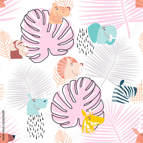 Photography Vector seamless pattern, cute jungle animals. African animals.