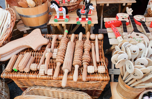 Large choice of wooden massage devices and kitchenware for sale at Dolac, central farmers' market. Zagreb